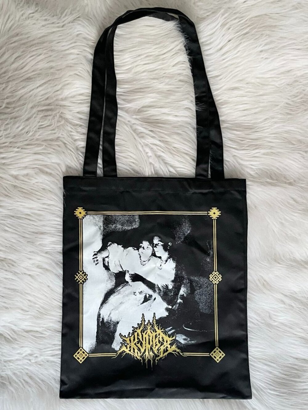 black metal fabric tote bag goth